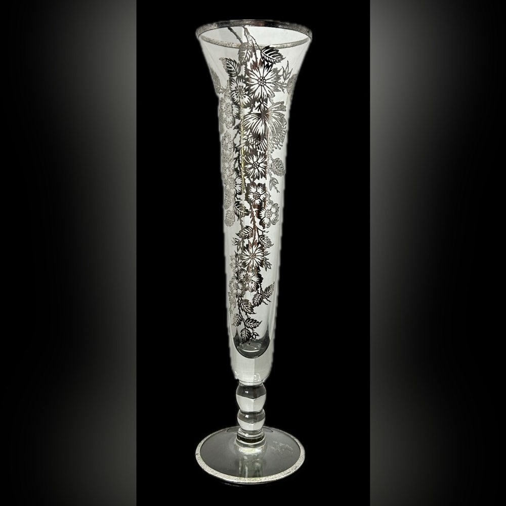 Vintage Retro Mid Century Clear Glass Vase Silver Overlay Bud/ Poppies Vase